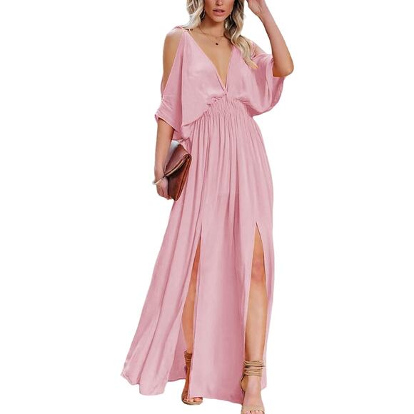 DEEPSELF Women Summer V Neck Cold Shoulder Short Sleeve Maxi Dress High Waist S - Picture 1 of 10